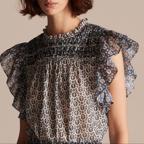 Rebecca Taylor La Vie Anthropologie Petula M Blue Metallic Floral Flutter Sleeve - Picture 5 of 6